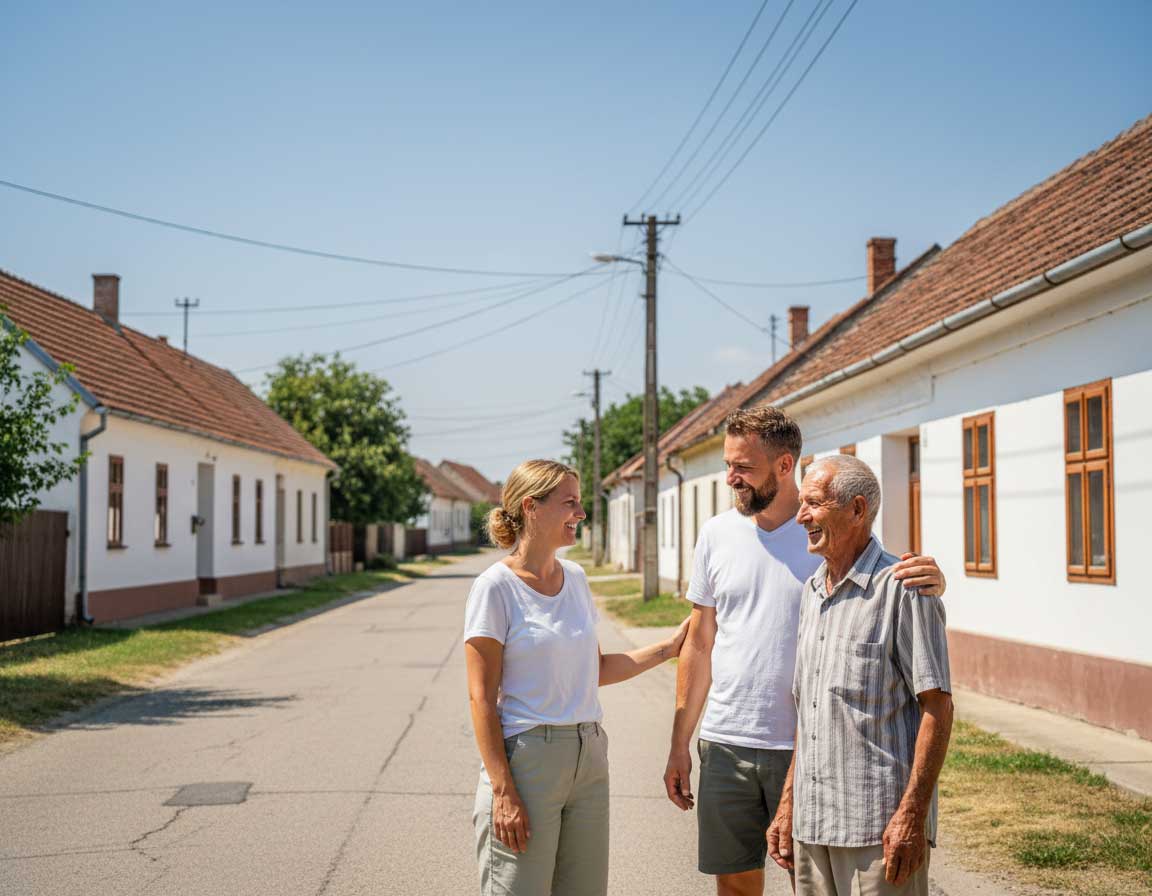 Deutsche Rentner sprechen mit Einheimischen im Dorfleben nach dem Auswandern nach Ungarn in Westungarn